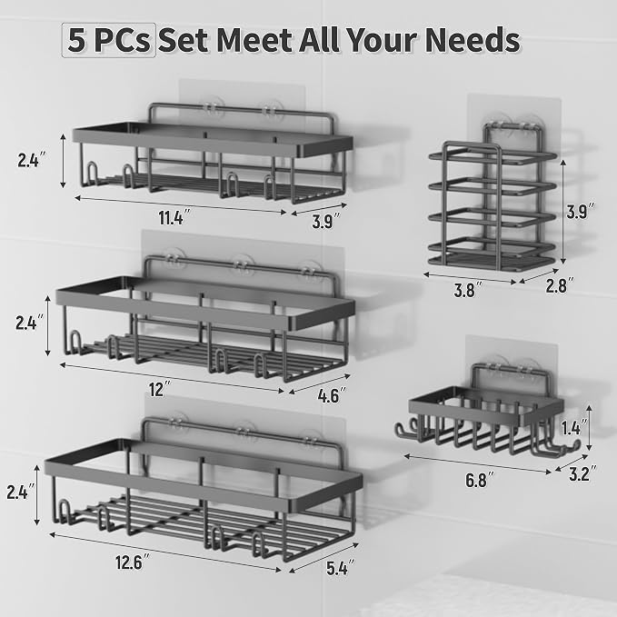 Liuoud 5 Pack Shower Caddy Organizer Rack Shelf for Inside Shower, Self Adhesive Bathroom Wall Storage Basket Rustproof Stainless Steel Large Capacity Shampoo Holder, Dark Grey - Image 2