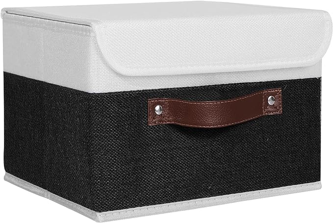 ANMINY Storage Boxes with Lids Washable Decorative Storage Bins Basket with PU Leather Handle Foldable Linen Fabric Storage Cubes Containers for Home Closet Organizer - Black White, Small Size by ANMINY