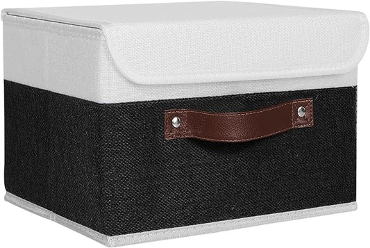 ANMINY Storage Boxes with Lids Washable Decorative Storage Bins Basket with PU Leather Handle Foldable Linen Fabric Storage Cubes Containers for Home Closet Organizer - Black White, Small Size by ANMINY