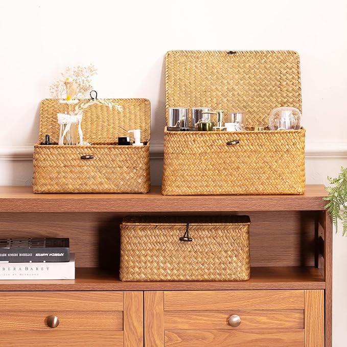 Nonam Small Basket with Lid, Natural Seagrass Bin with Lid, Shelf Baskets Multipurpose Container for Boho Decoration, Rectangular Household Storage Boxes for Home Organization-Natural - Image 5