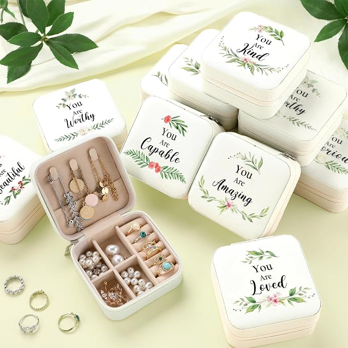 Kacctyen 12 Pieces Mini Travel Jewelry Case Bulk You Are Amazing Loved Mother's Day Church Gifts Green Leaf Gifts for Secretary Mothers Party Girls Leather Travel Jewelry Case - Image 4