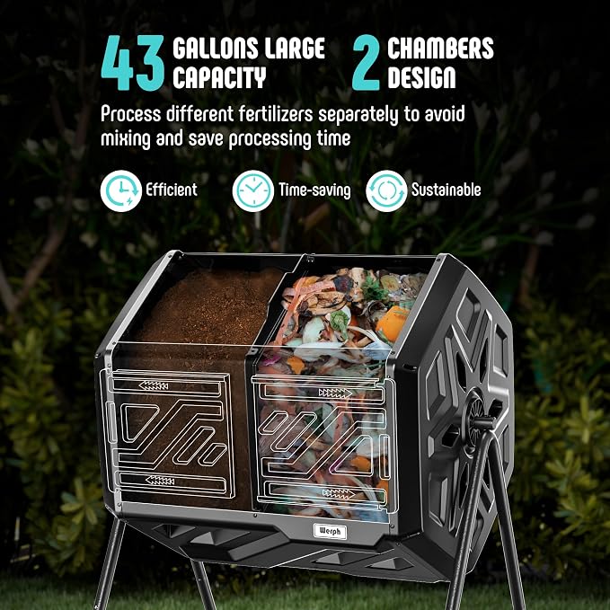Werph 43 Gallon Compost Bin with Gloves, Fast Assembly & Easy Setup Outdoor Compost Tumbler, Updated Dual Chamber Tumbling Composter for Garden, Kitchen, and Yard Waste, Black - Image 5
