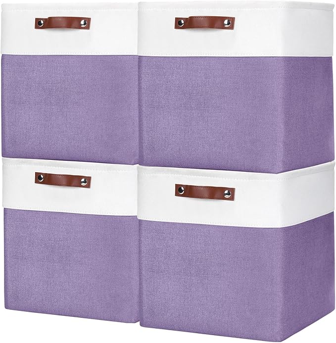 Bagnizer 13x13 Cube Storage Bins, Collapsible Fabric Storage Box, 4 Pack Closet Baskets with Handles for Organizing, Shelf, Toys, Clothes, Home, Office, Nursery (Purple&White) by Bagnizer