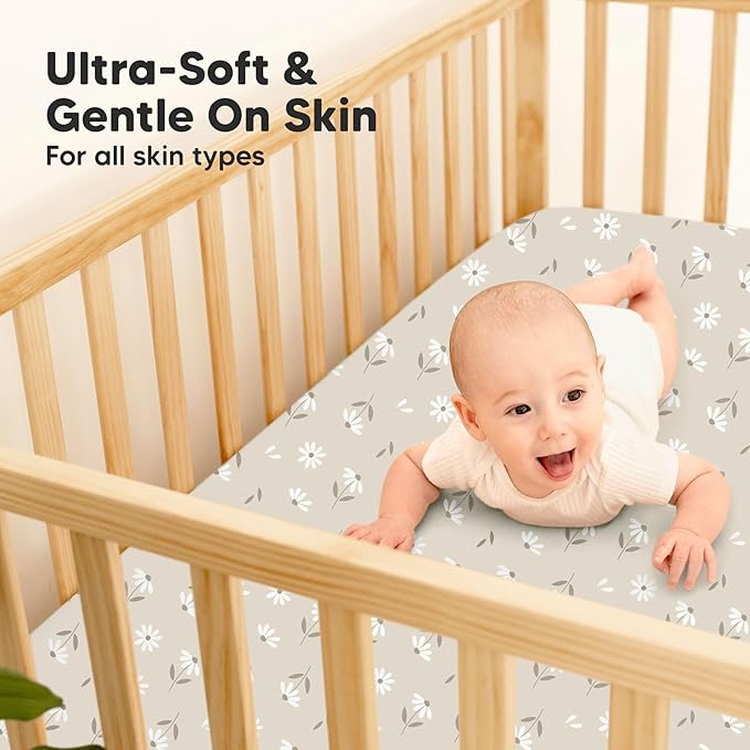 2-Pack Waterproof Baby Crib Sheets for Boys, Girls - 52x28 Viscose Derived from Bamboo Toddler Bed Sheet Neutral, Fitted Crib Mattress Protector Cover for Baby Bedding, Soft & Gentle (Daisies)