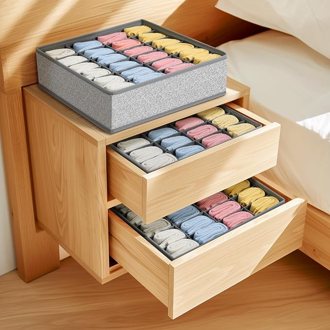 Joyoldelf Sock Drawer Organizer Divider Underwear Organizer 24-cell Fabric Dresser Drawer Organizers Storage Boxes for Socks Lingerie, Handkerchiefs, Ties 4 Pack (Gray) - Image 4