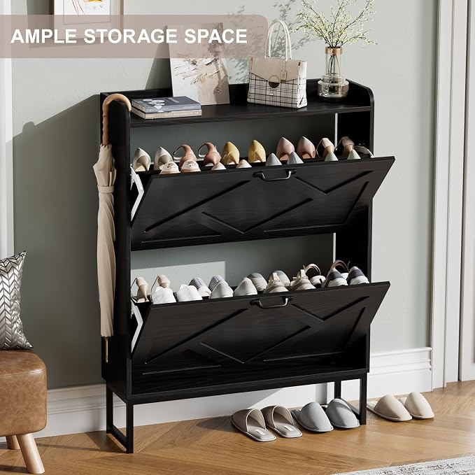 Nicetree Shoe Storage Cabinet with 2 Flip Drawers, Freestanding Shoe Organizer, Shoe Cabinet with Metal Legs, Farmhouse Slim Shoe Cabinet for Entryway, Foyer, Hallway, Black - Image 4