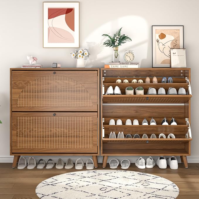 Fsbecl Shoe Storage Cabinet for Entryway with 2 Flip Drawers, Narrow Wood Shoe Cabinet with Fluted Panel, Freestanding Hidden Shoe Organizer for Foyer, Hallway (Walnut) - Image 8