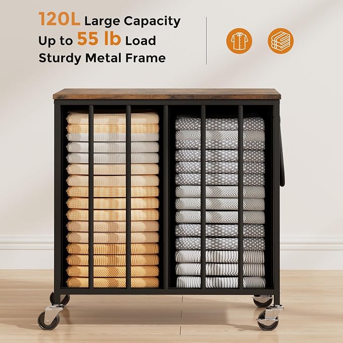 120L Laundry Hamper with Wheels and Lid, Rolling Laundry Basket with Dual Removable Liners, Soft-Close Flip-Top Wooden Lid, Metal Handles, Clothes Organizer for Bedroom and Laundry Room - Image 5