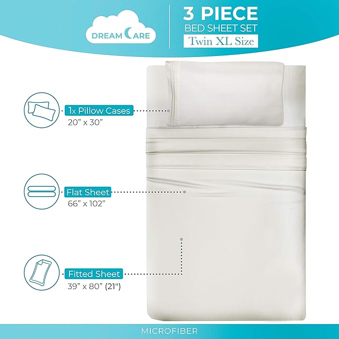 DREAMCARE Twin XL Sheet Sets - 3 pcs Breathable Cooling Bed Sheets - up to 21" Extra Deep Pocket Twin XL Sheets Set with Side Pockets - Extra Soft 100% Brushed Hypoallergenic Hotel Luxury - Ivory