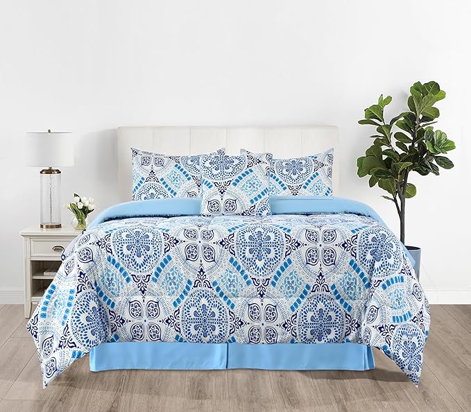 LUX Décor Reversible 5pc King Comforter Set, Printed Bedding Set, All-in-One Bed in a Bag, Includes 1 Comforter, 2 Pillow Shams, 1 Decorative Pillow & 1 Bed Skirt (Aztec Sky,King)