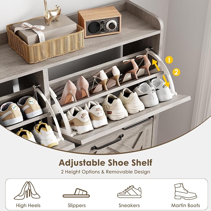 Nicetree Shoe Cabinet with 4 Flip Drawers, Freestanding Shoe Organizer Cabinet, Farmhouse Narrow Shoe Storage Cabinet for Entryway, Foyer, Hallway, Gray - Image 7