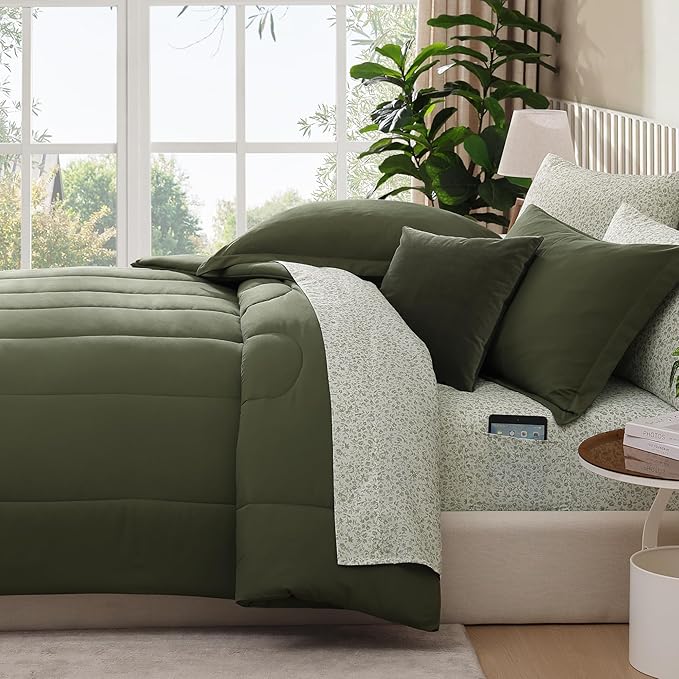 Monbix Queen Comforter Set - 7 Pieces Olive Green Bed in a Bag Queen Track Stitching Bedding Sets, All Seasons Comforter Bed Set with Sheets,Pillowcases & Shams