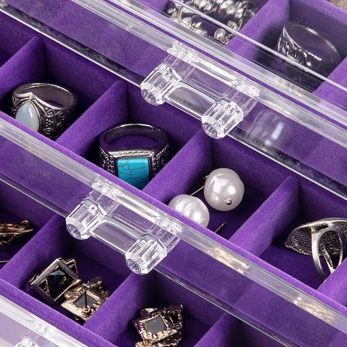 Frebeauty Acrylic Jewelry Organizer Earring Organizer Box with 5 Drawers Earring Holder Organizer with Velvet Trays Clear Jewelry Box for Women Earring Display for Rings Studs(Purple) - Image 4