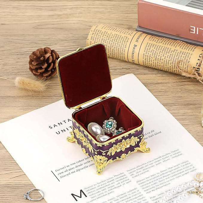 Hipiwe Vintage Jewelry Box Small Trinket Storage Organizer Box Gold Metal Chest Ring Case Treasure Chest Square Keepsake Boxes for Earrings Necklace Gift for Women,Purple - Image 5