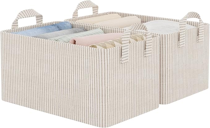 StorageWorks Storage Bins, Fabric Storage Bins for Shelves, Storage Baskets with Metal Frame, Closet Baskets and Bins with Handles, Khaki and Beige Stripes, 2-Pack by StorageWorks