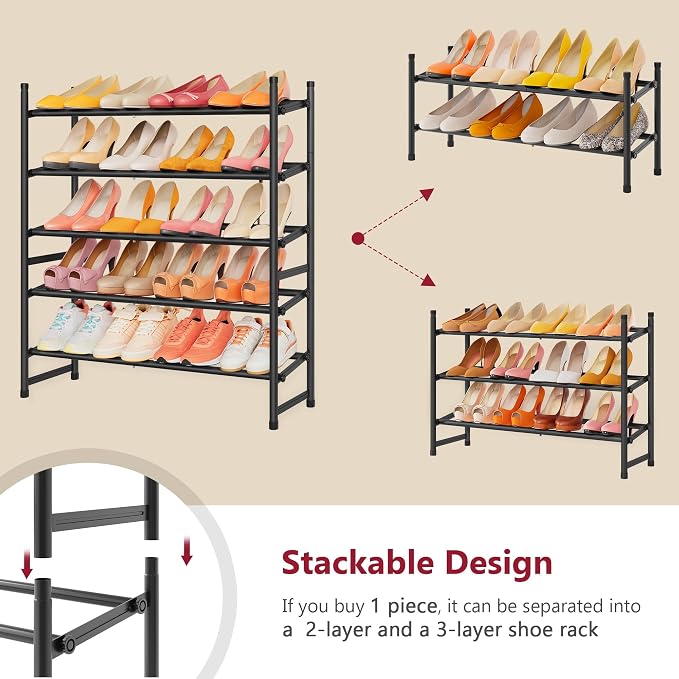 Tajsoon Expandable Shoe Rack for Closet 5 Tier, 29“-41“Adjustable & Stackable Shoe Shelf Storage, Metal Shoe Rack Organizer for Front Door Entrance, Closet, Garage, Entryway, Black - Image 6