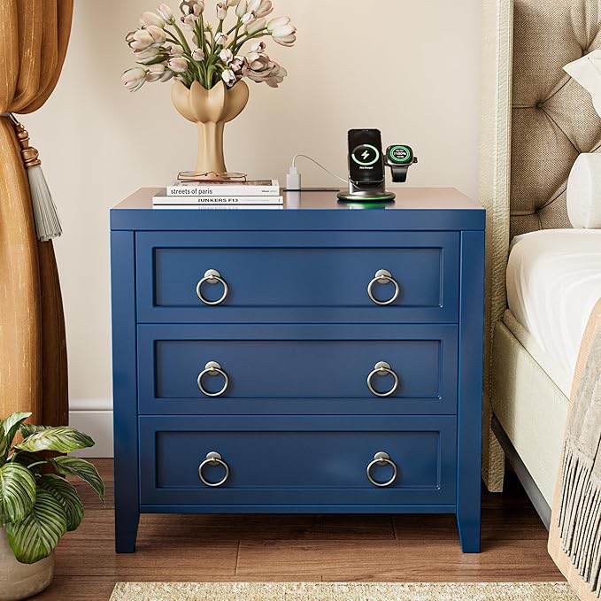Huuger 23.6 Inch Night Stand with Charger Station and USB-C Port, 3 Drawer Nightstands Set of 2, Larger Wider Bedside Table, Modern End Table, for Bedroom, Blue Nightstand