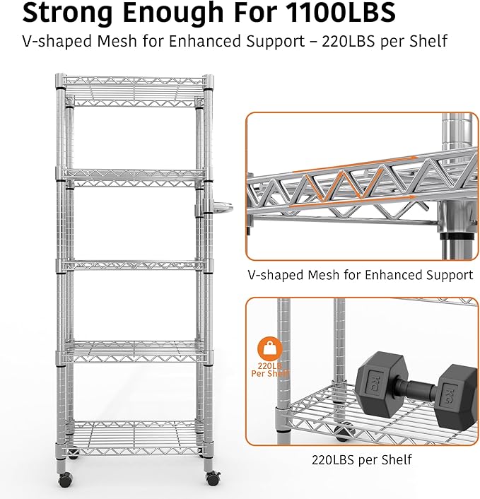 Garvee 5-Tier Storage Shelves Heavy Duty Metal Wire Rack Shelving, 1100 LBS Capacity Rolling Storage Rack with Wheels, for Living Room Pantry Kitchen Bedroom Organization - Image 5