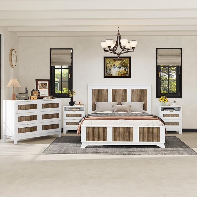 SOFTSEA 4 Piece Queen Size Bedroom Set with Storage, Farmhouse Solid WOD Platform Bed with Wooden Strip Decoration, 4 Piece Bedroom Furniture Set, White