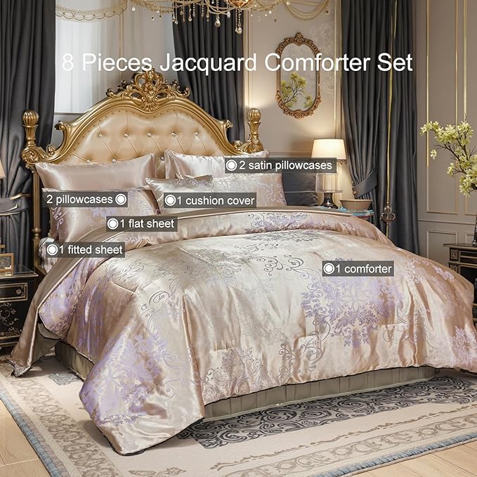 Jacquard Queen Comforter Set with Sheet Set Gold Bedding Set 8 Pcs Embroidery Neoclassical Floral Pattern Bed Home Decor Soft Down Comforter Luxury Hotel Silky Bed in a Bag with 1 Cushion Cover