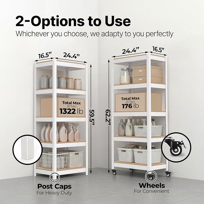 HOMEDANT House 24.4" W 5 Tier Heavy Duty Garage Shelving Adjustable Metal Rack Storage Shelves Standing Shelf Unit Organizers Pantry Closet Office White 1Pack - Image 2