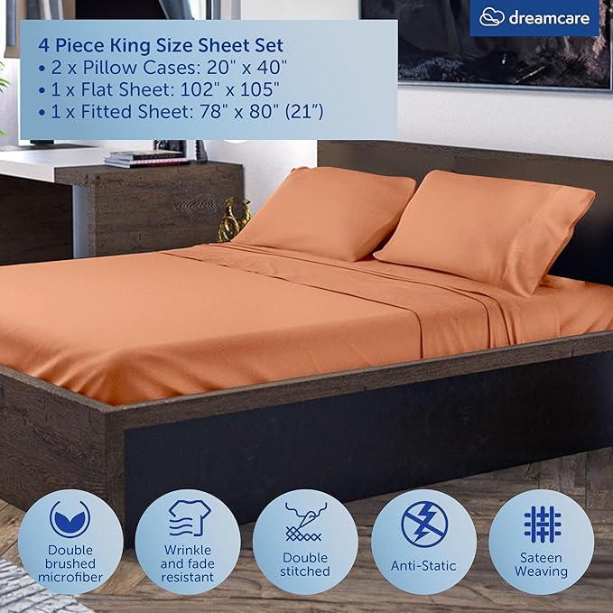 DREAMCARE King Size Sheets Set - Cooling Bed Sheets - 4pcs Set - up to 15" Deep Pocket King Sheet Set – Soft & Long Lasting Cooling - 100% Fine Brushed Polyester with Side Pocket, Terracota