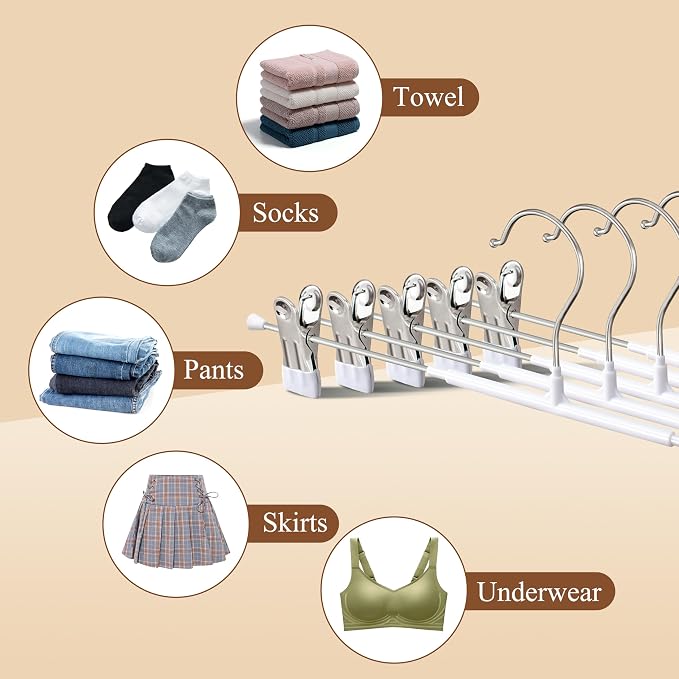 Pants Hangers with Clips 10 Pack 16Inch Adjustable Skirt Hanger for Women Non-Slip Trousers Hanger for Jeans Clothes Hangers for Pants Heavy Duty Space Saving Shorts Hangers,White - Image 5