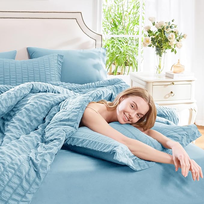 CozyLux Queen Comforter Set Sky Blue Seersucker 7 Pieces Bed in a Bag Queen Comforter Set with Sheets, Luxury Bedding Sets with Down Alternative Comforter, Sheets, Pillowcases & Shams All Seasons