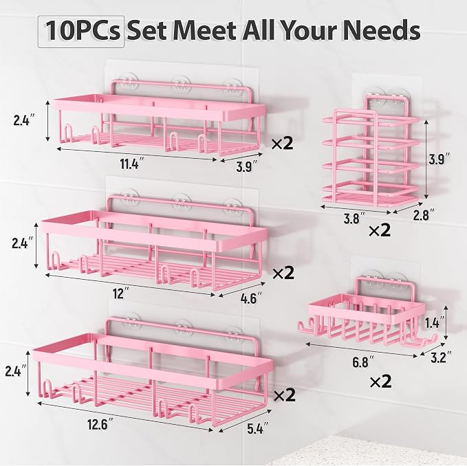 Liuoud 10 Pack Shower Caddy Organizer Rack Shelf for Inside Shower, Self Adhesive Wall Storage Basket Rustproof Stainless Steel Shampoo Holder Bathroom Accessory Decor Set, Pink - Image 2