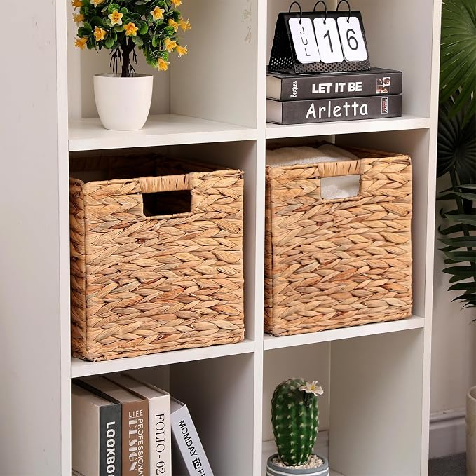 11x11in Wicker Storage Basket Set of 2 Collapsible Hyacinth Cube Storage Baskets,Storage Bins for Organizing Storage Basket with Built-in Handles - Image 7