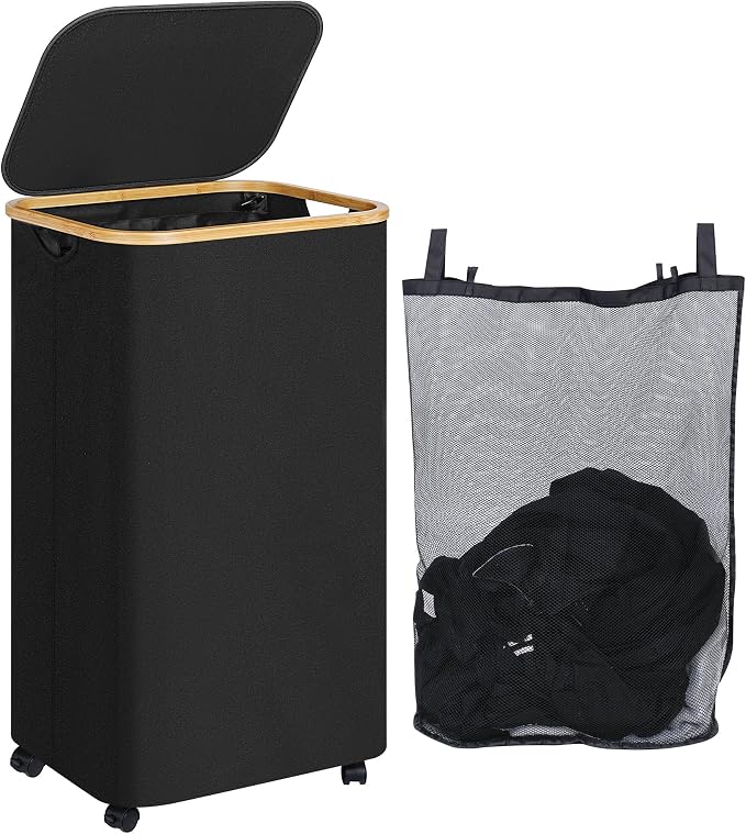 iEGrow 110L Laundry Basket with Wheels,Clothes Hamper for Laundry,Laundry Hamper with Lid and Inner Bag, for Laundry Room, Bedroom, Dormitory Storage,Black by iEGrow