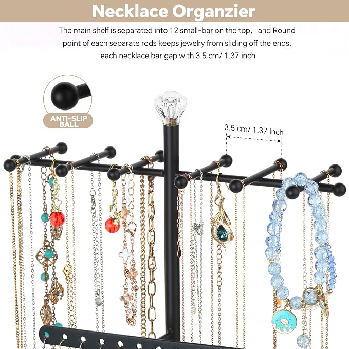 Meangood Jewelry Organizer Stand, 3-Tier Necklace Holder Jewelry Tree with Wooden Storage Drawer Box for Necklace Bracelet Earring Ring,Black - Image 3