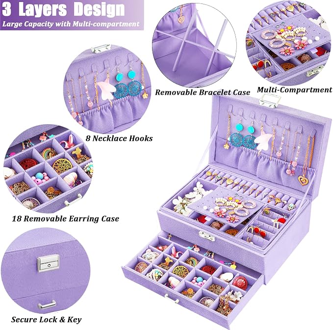 QBestry 3-Layer Jewelry Box for Girls & Teens with Lock and Key, Large Jewelry Organizer with 8 Necklace Hooks & 56 Earring Holes, Violet Velvet Jewelry Storage Box for Necklace Earring Ring Bracelet - Image 2