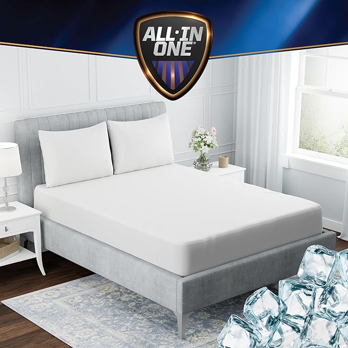All-in-One Cool Chill Full Size Waterproof Mattress Protector with 15" Elastic Deep Pocket, Soft and Breathable Cooling Mattress Protector, 54" x 75", White