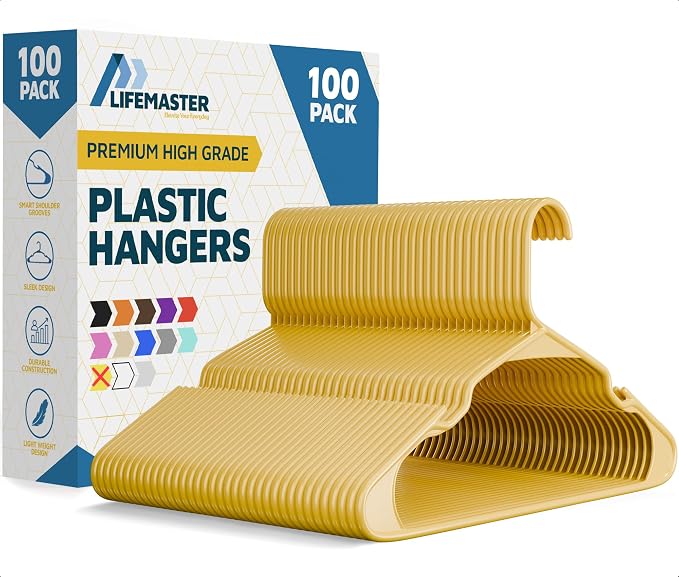 Lifemaster Plastic Clothes Hangers – Heavy Duty Hanger Set, for Organizing Clothes, Dresses, and Coat, Holds Up to 5 lbs, Space-Saving Hangers with Non-Slip Shoulder Grooves, Pack of 100, Yellow by LIFEMASTER
