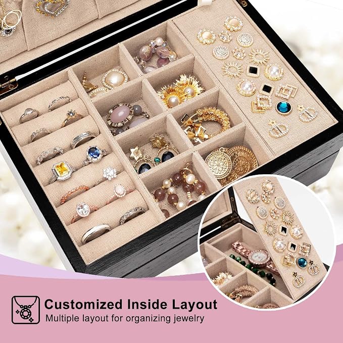 Pinzoveco Jewelry Box for Women, Rustic Wooden Jewelry Organizer Box for Storage Earrings Rings Necklace Bracelet, Farmhouse Style Wood Jewelry Boxes & Organizers (Black) - Image 3