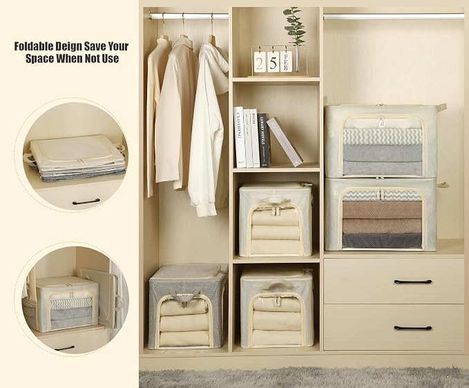 3 Opeings Large Clothes Storage Bins with Metal Frame, Foldable Storage Bin for Clothes, Clothing Storage Bins with Lid, Linen Storage Box With Clear Window＆ Zippers＆ Durable Handles.(3 Pcs,Beige,66L) - Image 5