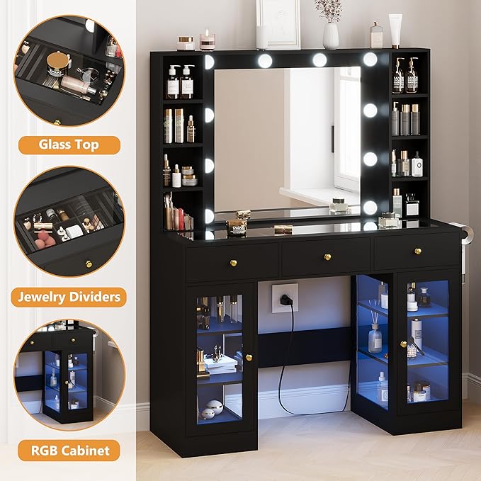 HUANLEGO Black Vanity Desk with Mirror and Lights, Glass Top Vanity with Lighted Mirror & RGB Glass Cabinet and 3 Drawers, Makeup Vanity Desk with Lights Dressing Table for Bedroom, 3 Color Modes