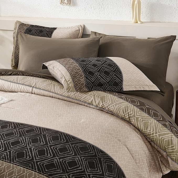 Dinjoy Light Brown King Size Comforter Set,Striped Boho Bed in a Bag King 7 Pieces Soft Fall Bedding Comforters Sets Microfiber Complete Bed Sets for All Season