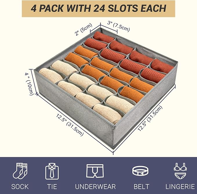 PINGMIC Gray Sock Organizer Divider 4 Pack - 24 Cell Foldable Closet Storage, Tie Organizer For Men Boxes for Socks, Ties, Belts - Image 2