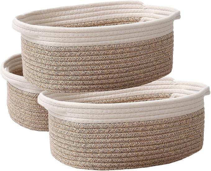 JMvicyroam Woven Basket,Small Rope Storage Bin with Handles & Ribbon Bag, Organizer for Shelves Closets,Gift Basket Empty for Birthday,Books,Dog Toys, White&Oatmeal/3 Pack by JMvicyroam