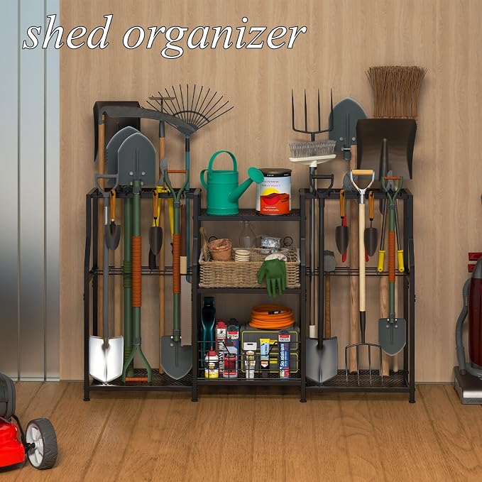 keomaisyto Garden Tool Organizer, Heavy Duty Yard Tool Tower Rack for Garage Organization and Storage, 3 Tier Utility Garden Tool Rack with hooks for Garden/Shed/Garage/Yard/Basement/Lawn - Image 3