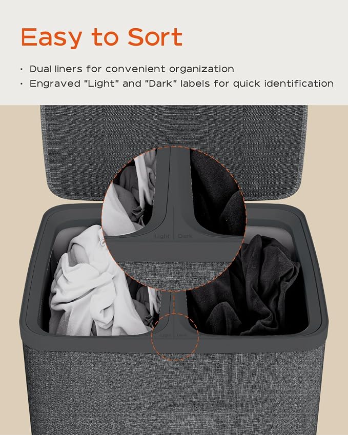CASAMAYA Laundry Basket with Lid, Laundry Hamper 2 Section, 170L collapsible Laundry Organizer, Easy Assembly, with Handles and Removable Liners, 22 x 15.7 x 29.5 Inches, Black JSP903B - Image 5