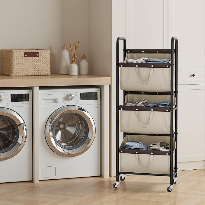 GRANNY SAYS 3 Tier Laundry Sorter, Laundry Basket with Wheels, Laundry Room Organization and Storage, 3 Section Rolling Laundry Cart for Dorm, Bathroom, Bedroom, Closet, Light Khaki - Image 6
