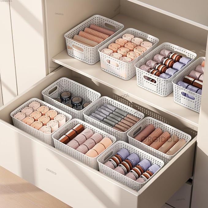 ORGIDOL Plastic Storage Basket with Lids 10 Pack Stackable Storage Bins Containers with Lid, Decorative Storage Boxes for Organizing Shelves, Drawers, Playroom, Classroom, Office, Closet, White - Image 9
