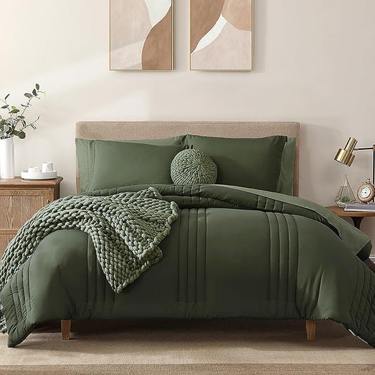 Monbix Oversized King Size Comforter Set - 7 Pieces Olive Green Bed in a Bag Oversized King Bedding Sets with Comforters, All Seasons Comforter Bed Set with Sheets, Pillowcases & Shams