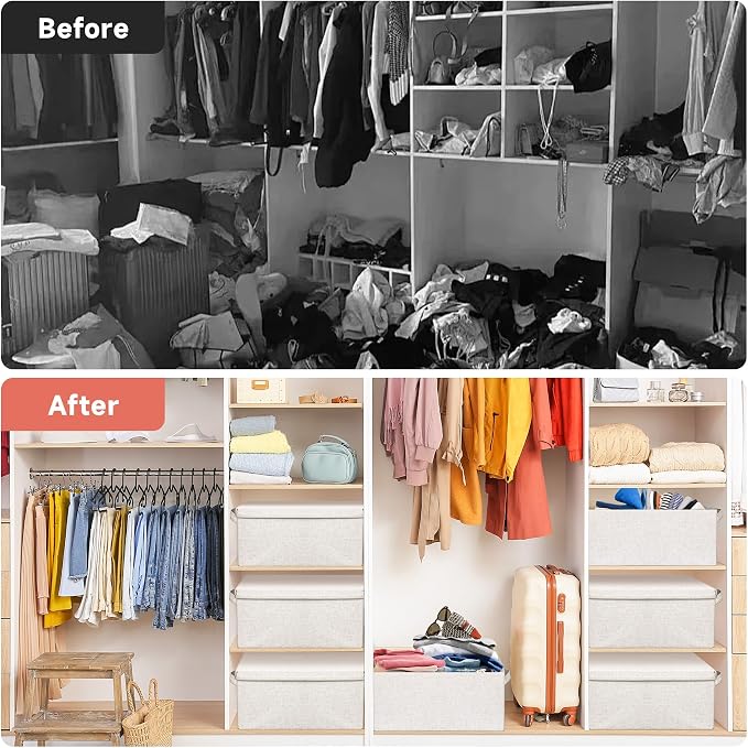 Large 17''x12'' Quart Collapsible Stackable Storage Bins with Lids, 6 Packs Off White Fabric Closet Boxes with Lids, Storage Cube Baskets Container Organizers for Bedroom Office(17''x12.2x''8'') - Image 4