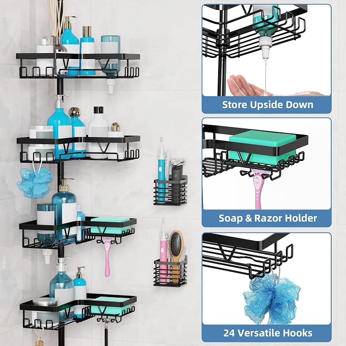 KEGII Set of 2 Wall Mount Toothbrush Holders with Tension Pole Shower Caddy, Rustproof Bathroom Organizer with Soap Holder & Hooks, 4 Adjustable Shower Shelves for Renters, 25-114.2 inch Black - Image 4