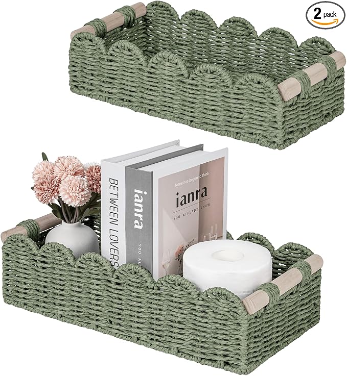 CubesLand Toilet Paper Storage Basket, Scalloped Edge Shelves Basket for Organizing for Over Toilet Tank Storage, Home Decor Baskets for Shelf, Countertop, Living Room, Bedroom, Handwoven, Green by CubesLand