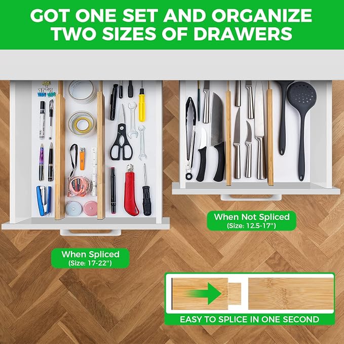 4 Pack Bamboo Drawer Dividers Organizer with Inserts 2.6'' High, Expandable from 12.5-21.7", Adjustable Drawer Organizer Separators for Utensils, Clothing, Office, Dresser, Bedroom, (Beige) - Image 2